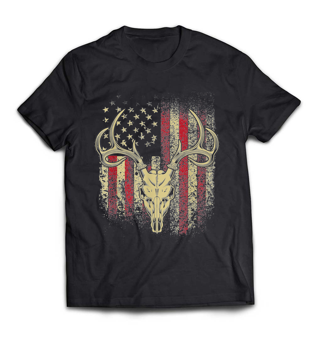 Deer Hunters “Deer Skull on American Flag” T-Shirt – Show Your Patriotism and Passion for Hunting